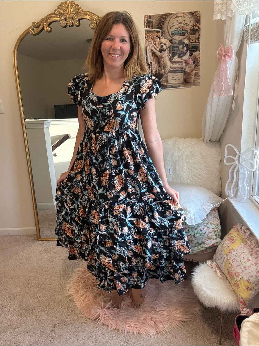entro Black Floral Tiered Maxi Dress with Peach & Teal Accents